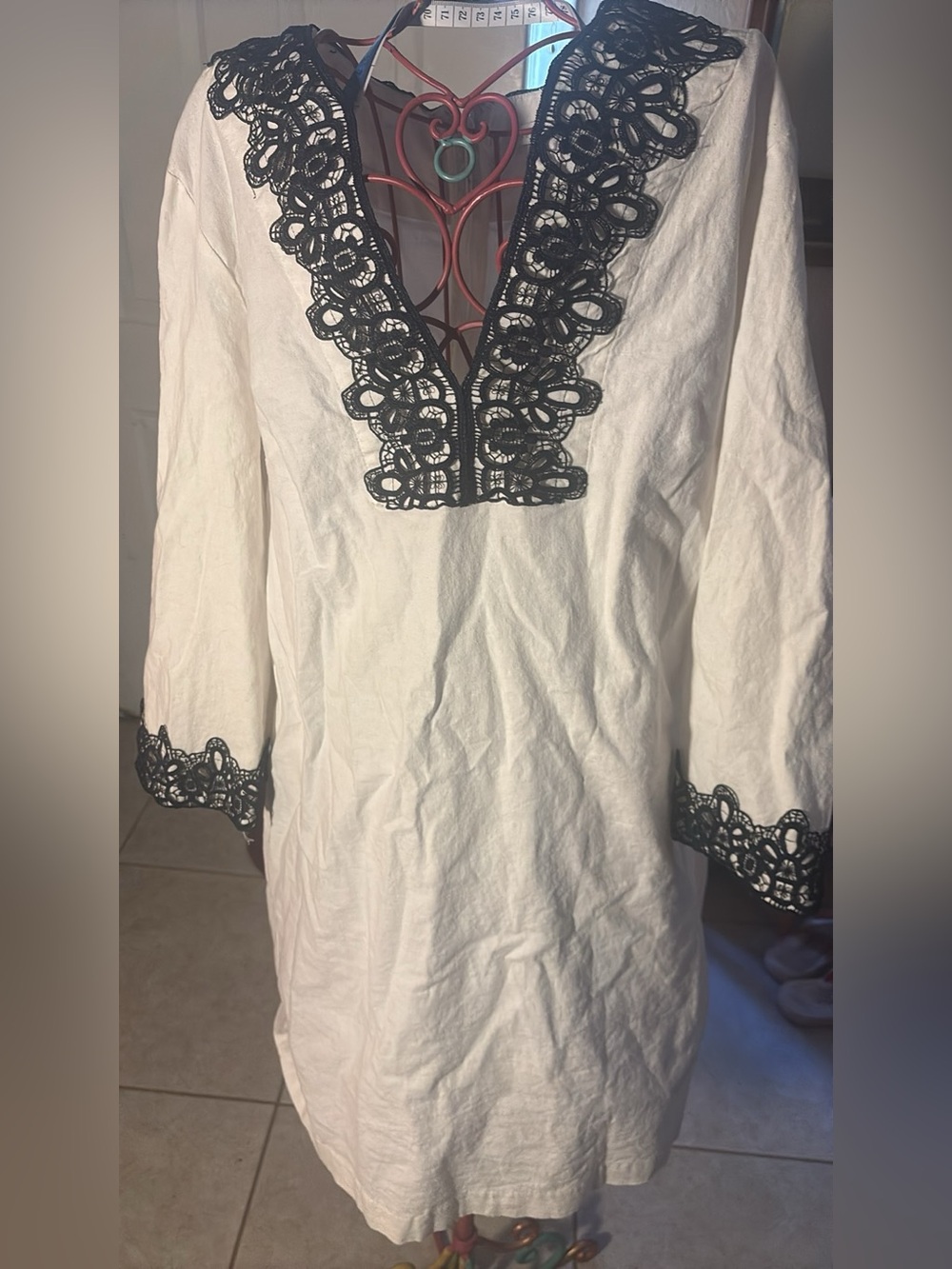 Women's White Tunic Top with Black Lace Trim